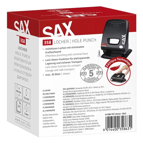 Lyukasztó SAX 358 M Easypro 2 lyukú 30 lap fekete