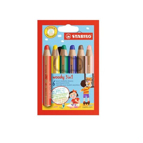 Színes ceruza Stabilo Woody, zsírkréta, akvarell is egyben, hengeres, vastag, 6 db/készlet