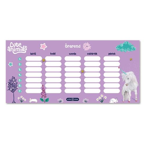 Órarend ARS UNA egylapos kétoldalas Cute Animals-Unicorn