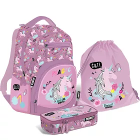   Hátizsák szett, unicornis, gerincvédős iskolatáska + tolltartó + tornazsák