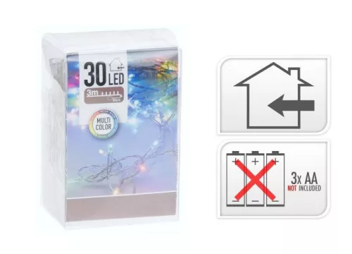 30 LEDes fényfüzér beltéri elemes - elem nélkül, 3 m