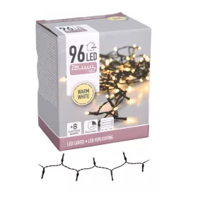   96 LED-es fényfüzér, meleg fehér, elemes, elem nélkül, kül és beltéri, 7m+50cm-es, 8 funkcióval