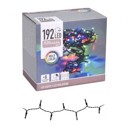 192 LED-es fényfüzér, multi color, elemes, elem nélkül, kül és beltéri, 14,5 m+50cm-es, 8 funkcióval