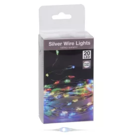   20 LED-es drótkábeles fényfüzér elemes, elem nélkül, meleg fehér vagy multi color, 95cm+10cm