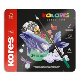   Színes ceruza készlet, háromszögletű, fém doboz, KORES "Kolores Selection", 24 különböző szín