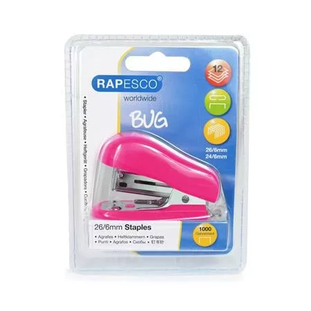 Tűzőgép, 24/6, 26/6, 12 lap, RAPESCO "Bug Mini", pink