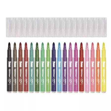 Filctoll készlet, 4,8 mm, kimosható, csillámos, APLI Kids "Glitter", 18 különböző szín