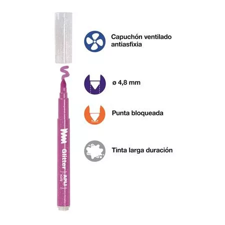 Filctoll készlet, 4,8 mm, kimosható, csillámos, APLI Kids "Glitter", 18 különböző szín