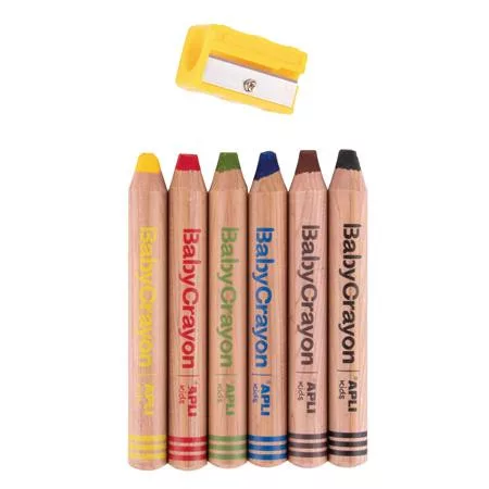 Színes ceruza készlet, vastag, hegyezővel, 3 az 1-ben, APLI Kids "Baby Crayon", 6 különböző szín