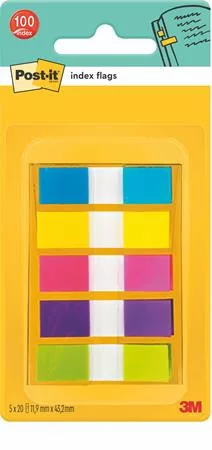 Jelölőcímke, műanyag, 5x20 lap, 12x43 mm, 3M POSTIT, vegyes