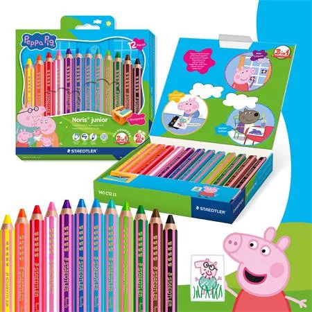 Színes ceruza készlet, hatszögletű, jumbo, STAEDTLER „Noris® junior 140", Peppa malac, 12 szín
