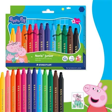 Filctoll készlet, 2,5 mm, kimosható, jumbo, STAEDTLER „Noris® junior 329”, Peppa malac, 12 szín