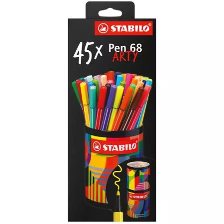 Filctoll készlet, hengeres fém doboz, 1 mm, STABILO "Pen 68 ARTY", 45 különböző szín