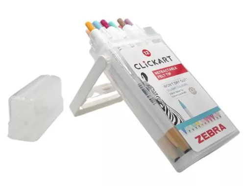 Filctoll készlet, nyomógombos, 0,6 mm, ZEBRA "Clickart" 12 különböző pasztell szín